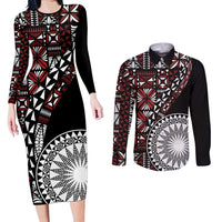 Red Tongan Ngatu Fonulei Pattern Couples Matching Long Sleeve Bodycon Dress and Long Sleeve Button Shirt LT9 Red - Polynesian Pride