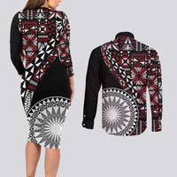 Red Tongan Ngatu Fonulei Pattern Couples Matching Long Sleeve Bodycon Dress and Long Sleeve Button Shirt LT9 - Polynesian Pride
