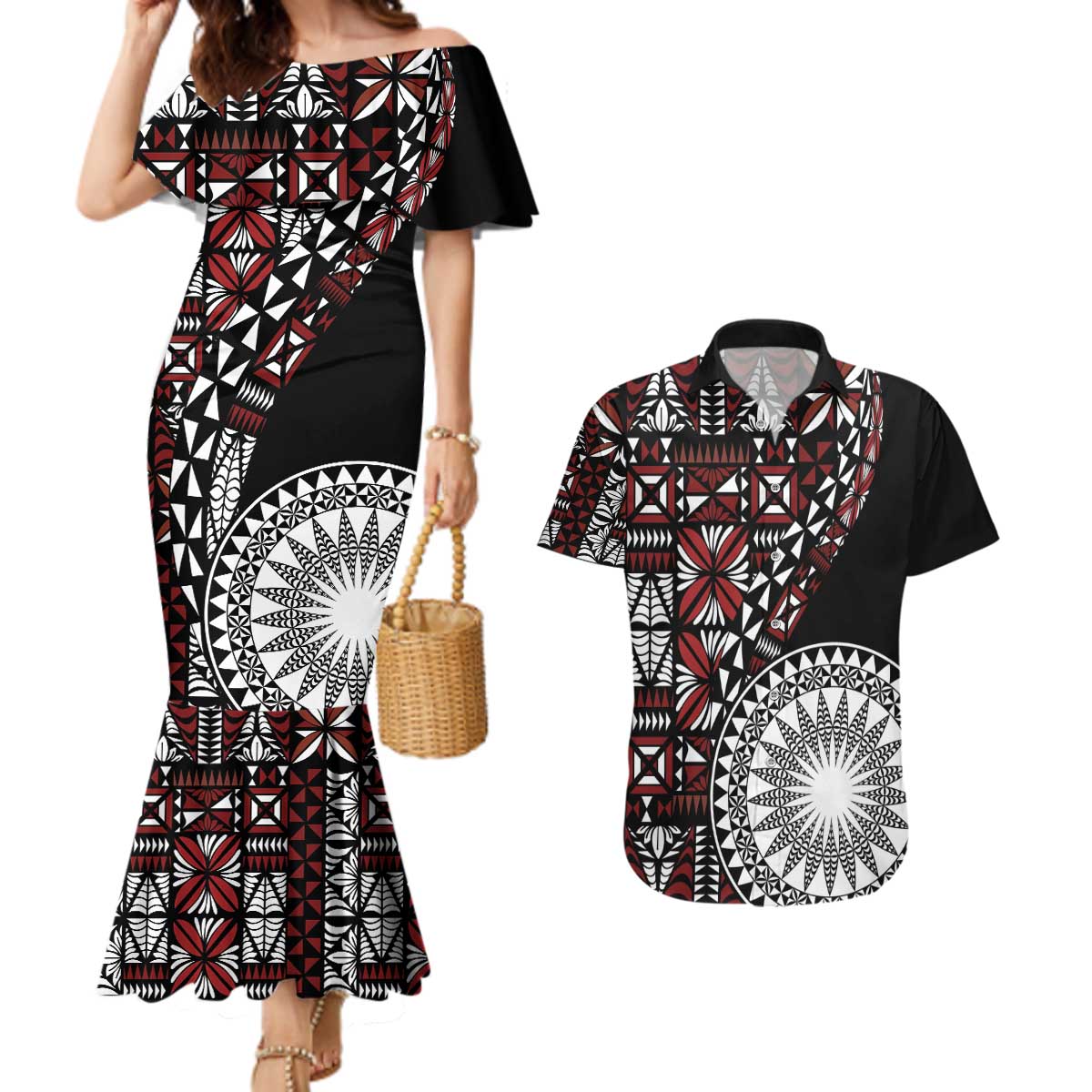Red Tongan Ngatu Fonulei Pattern Couples Matching Mermaid Dress and Hawaiian Shirt LT9 Red - Polynesian Pride