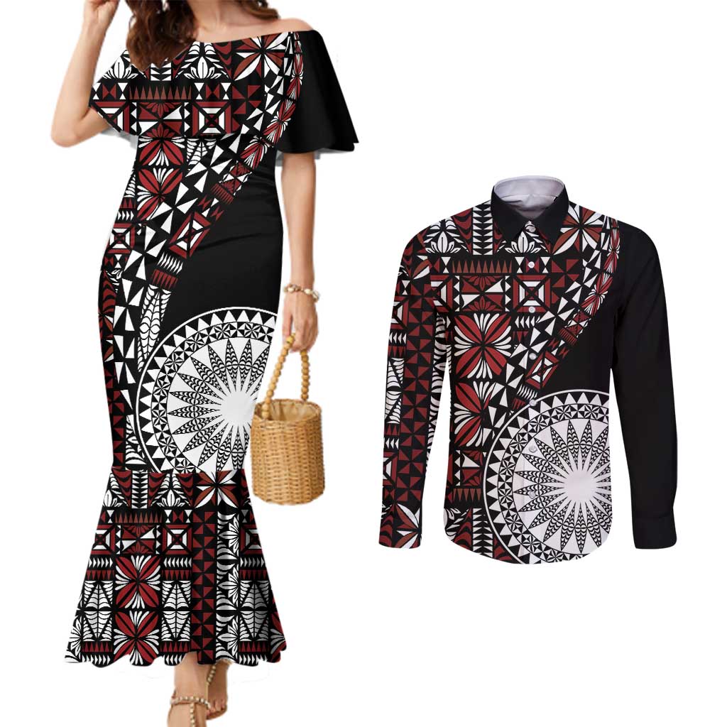 Red Tongan Ngatu Fonulei Pattern Couples Matching Mermaid Dress and Long Sleeve Button Shirt LT9 Red - Polynesian Pride