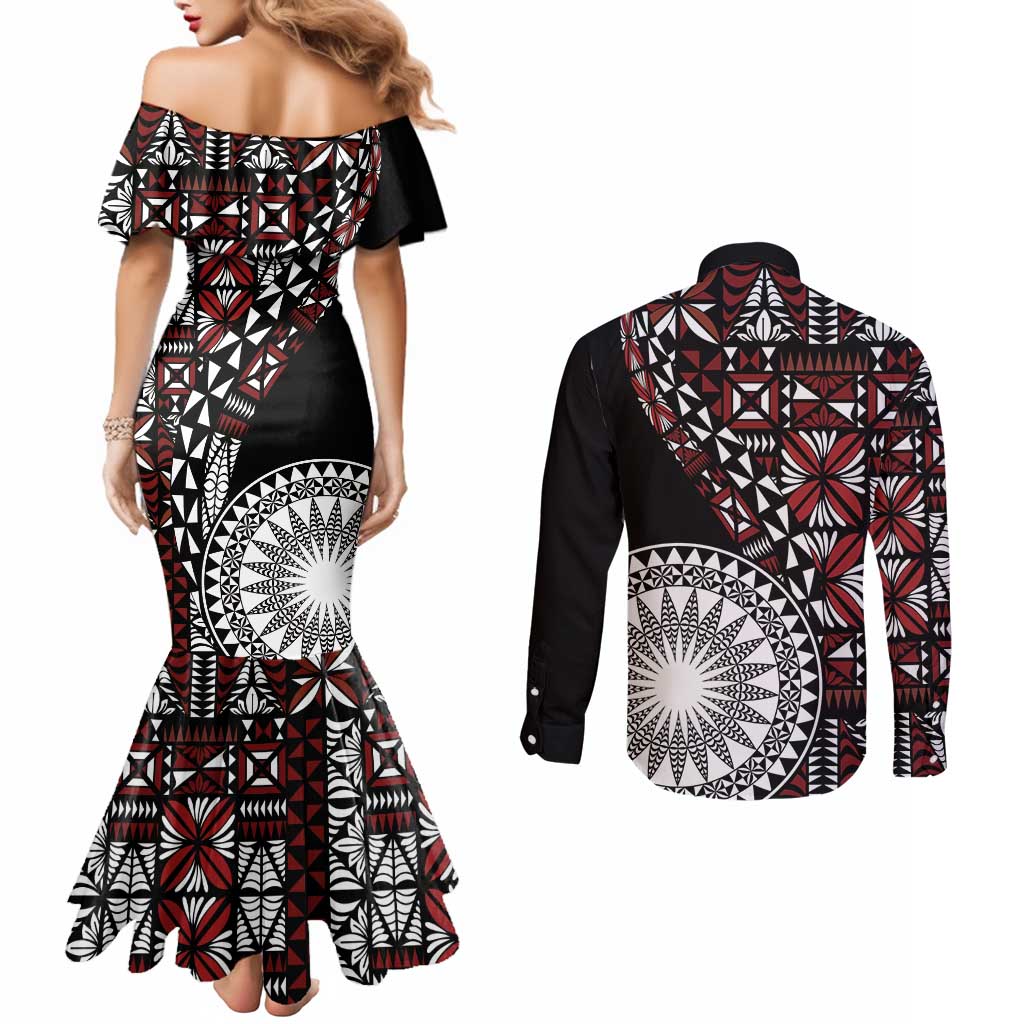 Red Tongan Ngatu Fonulei Pattern Couples Matching Mermaid Dress and Long Sleeve Button Shirt LT9 - Polynesian Pride