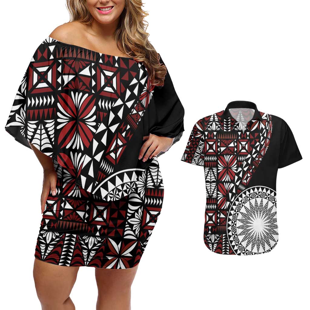 Red Tongan Ngatu Fonulei Pattern Couples Matching Off Shoulder Short Dress and Hawaiian Shirt