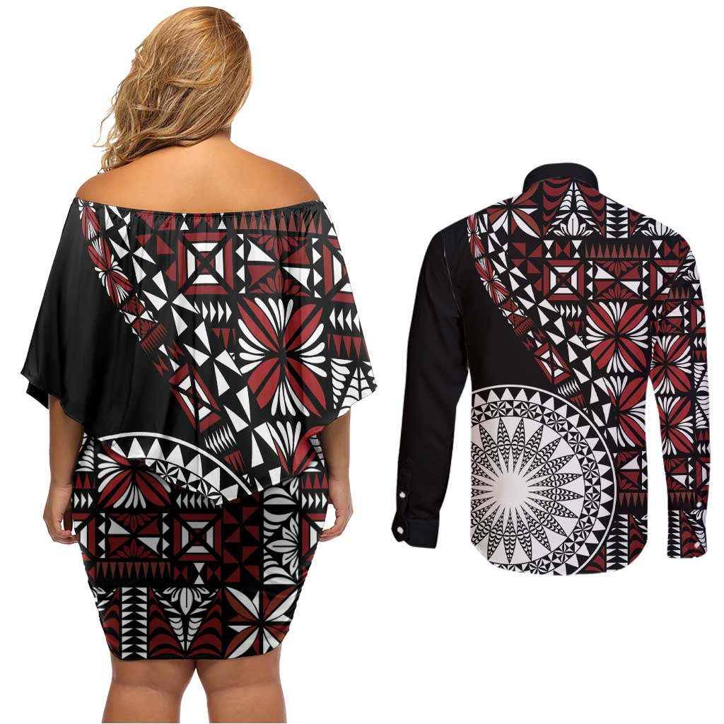 Red Tongan Ngatu Fonulei Pattern Couples Matching Off Shoulder Short Dress and Long Sleeve Button Shirt