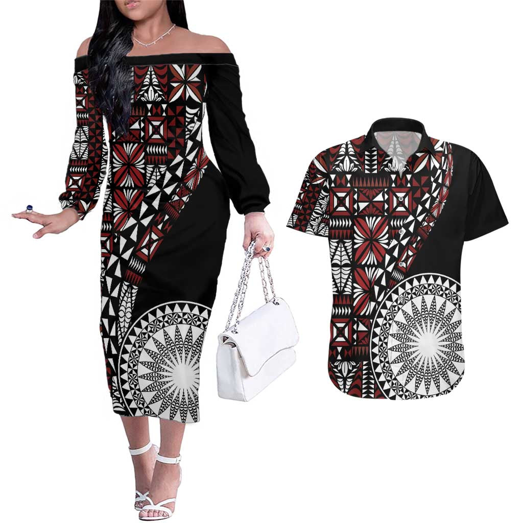 Red Tongan Ngatu Fonulei Pattern Couples Matching Off The Shoulder Long Sleeve Dress and Hawaiian Shirt LT9 Red - Polynesian Pride