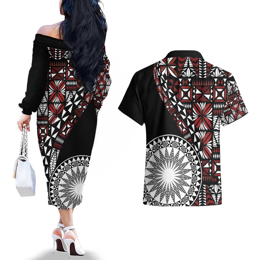 Red Tongan Ngatu Fonulei Pattern Couples Matching Off The Shoulder Long Sleeve Dress and Hawaiian Shirt LT9 - Polynesian Pride