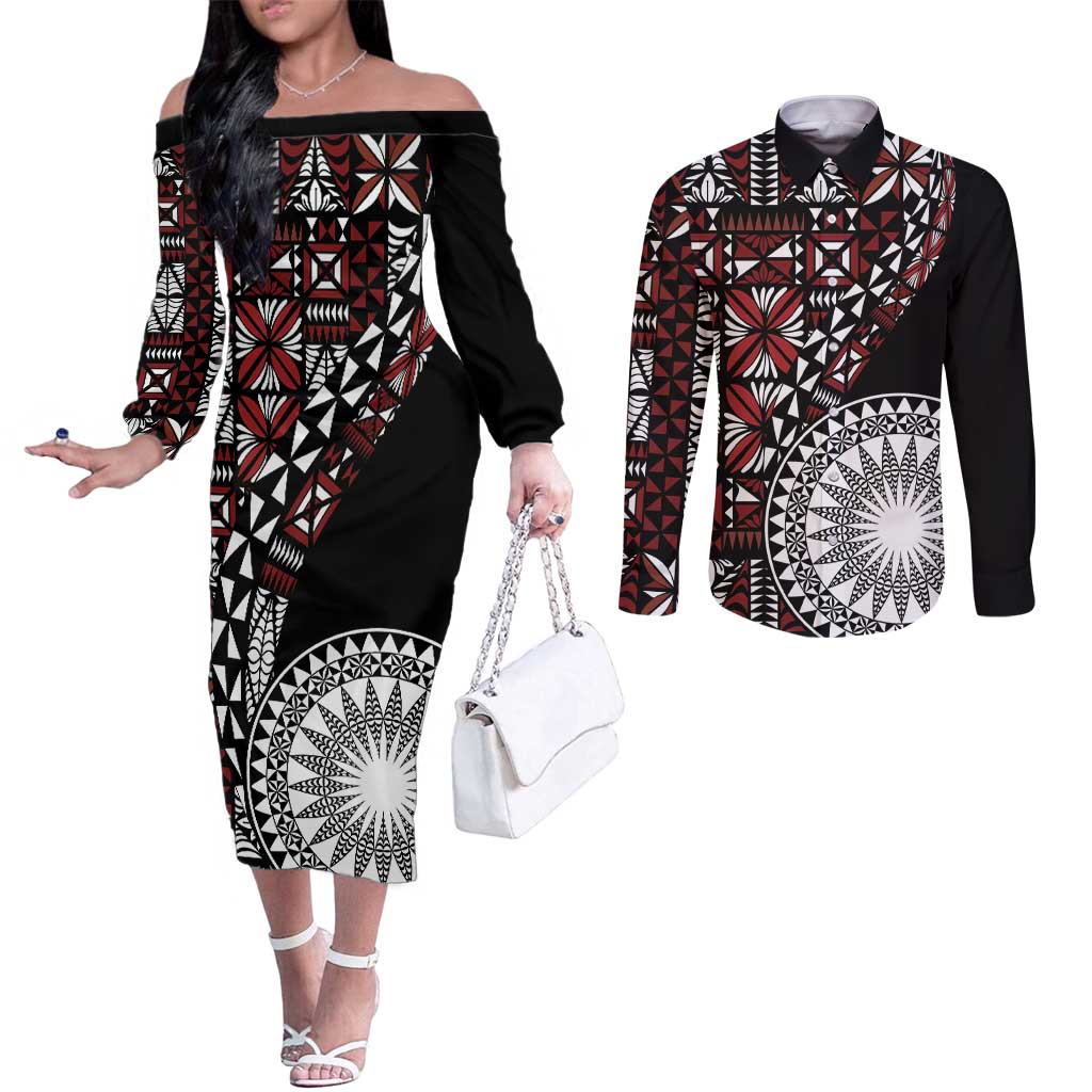 Red Tongan Ngatu Fonulei Pattern Couples Matching Off The Shoulder Long Sleeve Dress and Long Sleeve Button Shirt LT9 Red - Polynesian Pride
