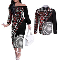 Red Tongan Ngatu Fonulei Pattern Couples Matching Off The Shoulder Long Sleeve Dress and Long Sleeve Button Shirt LT9 Red - Polynesian Pride