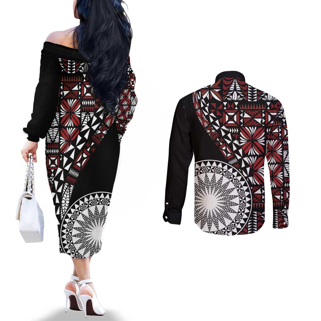 Red Tongan Ngatu Fonulei Pattern Couples Matching Off The Shoulder Long Sleeve Dress and Long Sleeve Button Shirt LT9 - Polynesian Pride