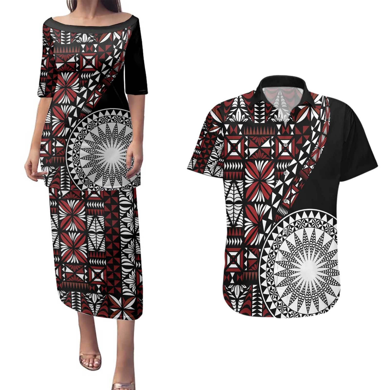 Red Tongan Ngatu Fonulei Pattern Couples Matching Puletasi and Hawaiian Shirt LT9 Red - Polynesian Pride