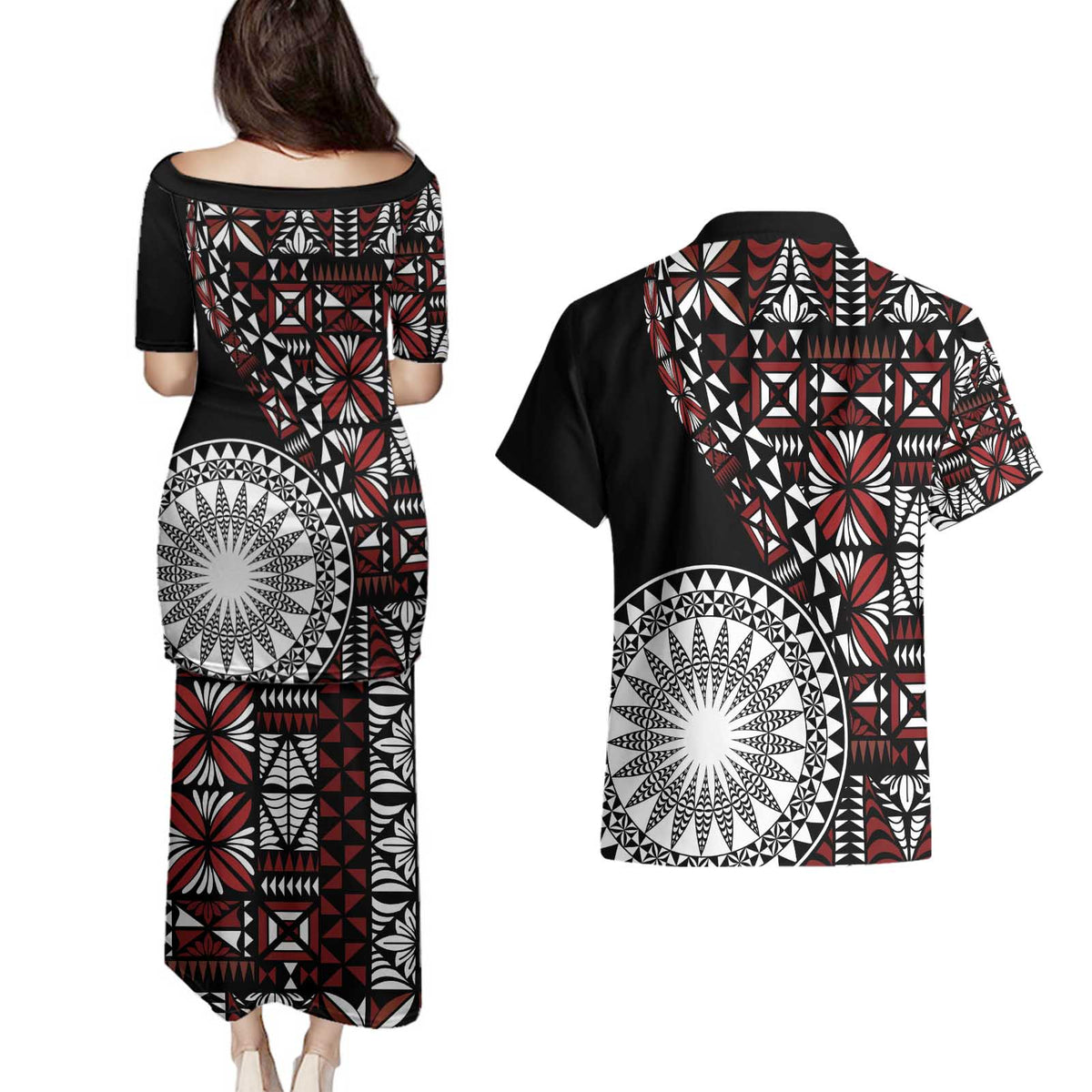 Red Tongan Ngatu Fonulei Pattern Couples Matching Puletasi and Hawaiian Shirt LT9 - Polynesian Pride