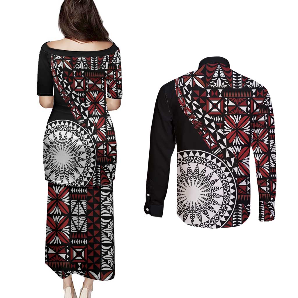 Red Tongan Ngatu Fonulei Pattern Couples Matching Puletasi and Long Sleeve Button Shirt LT9 - Polynesian Pride