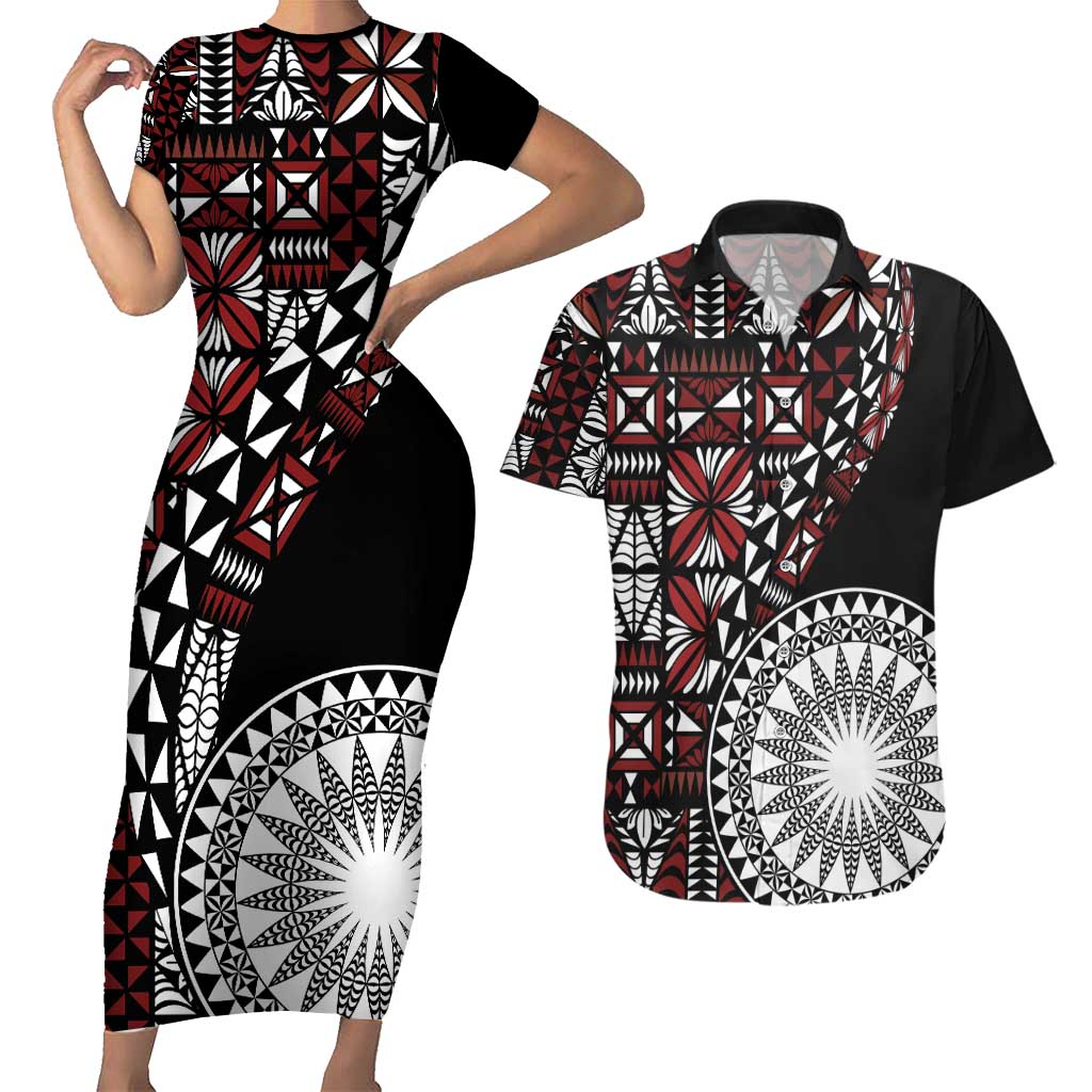 Red Tongan Ngatu Fonulei Pattern Couples Matching Short Sleeve Bodycon Dress and Hawaiian Shirt LT9 Red - Polynesian Pride