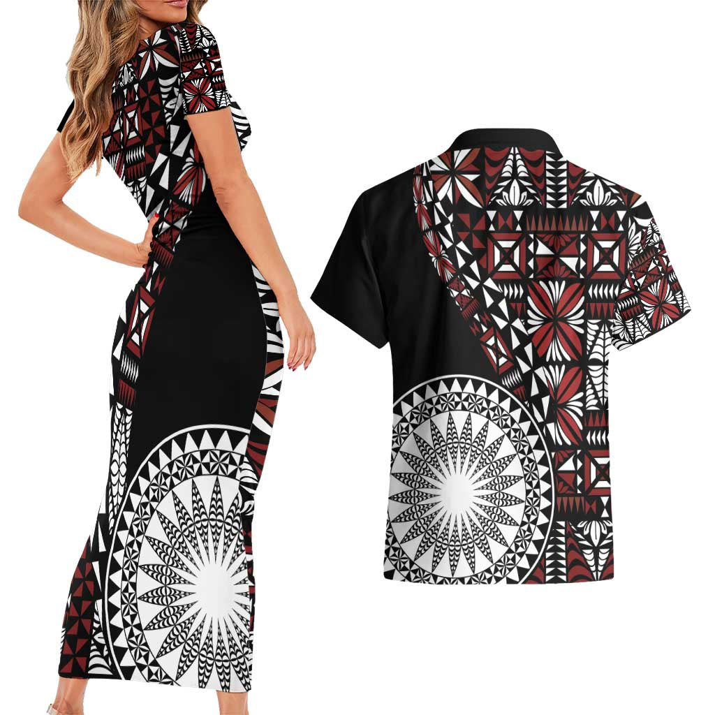 Red Tongan Ngatu Fonulei Pattern Couples Matching Short Sleeve Bodycon Dress and Hawaiian Shirt LT9 - Polynesian Pride