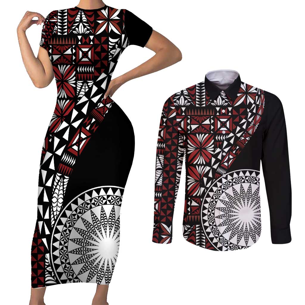 Red Tongan Ngatu Fonulei Pattern Couples Matching Short Sleeve Bodycon Dress and Long Sleeve Button Shirt LT9 Red - Polynesian Pride