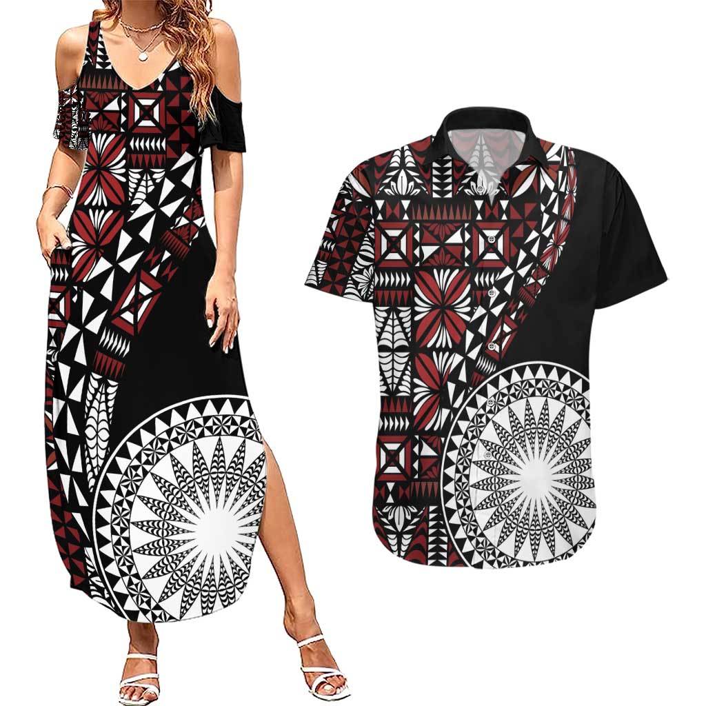 Red Tongan Ngatu Fonulei Pattern Couples Matching Summer Maxi Dress and Hawaiian Shirt LT9 Red - Polynesian Pride