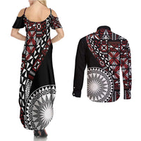 Red Tongan Ngatu Fonulei Pattern Couples Matching Summer Maxi Dress and Long Sleeve Button Shirt LT9 - Polynesian Pride
