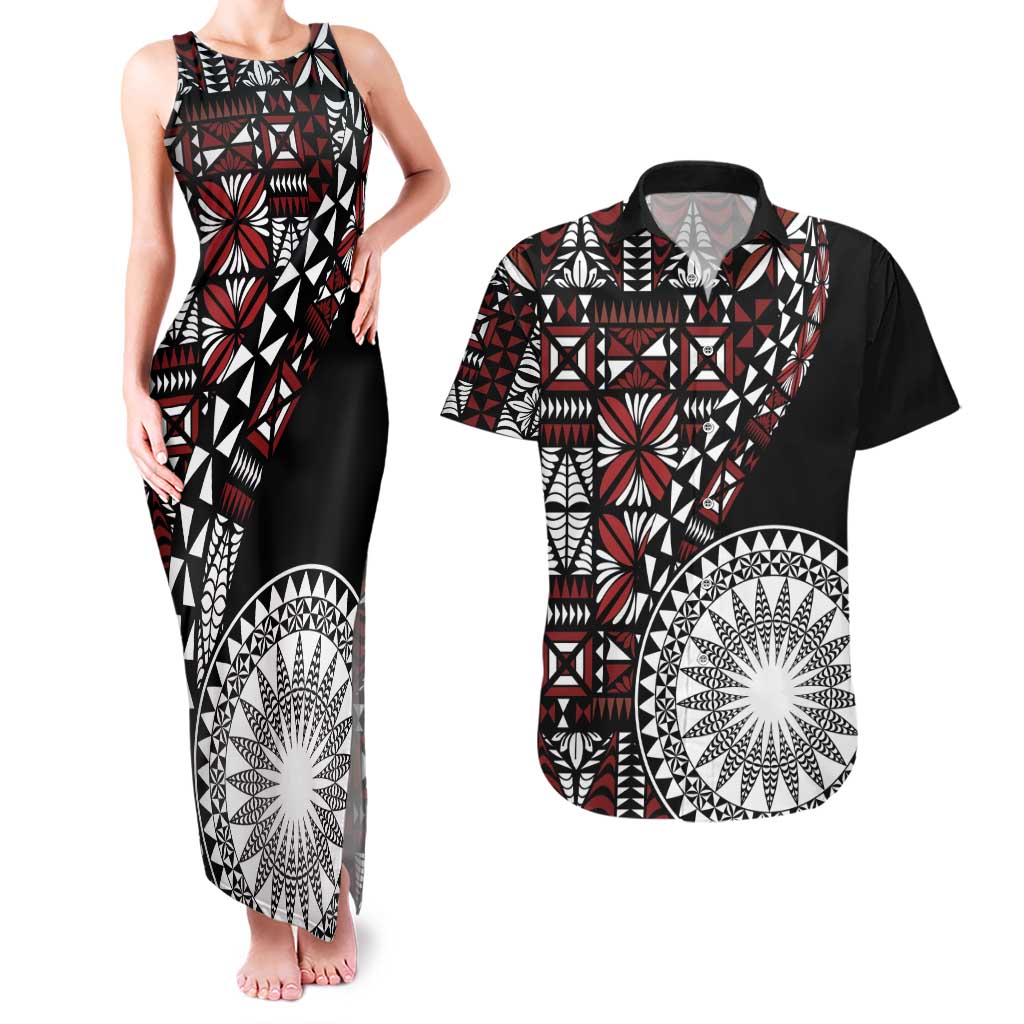 Red Tongan Ngatu Fonulei Pattern Couples Matching Tank Maxi Dress and Hawaiian Shirt LT9 Red - Polynesian Pride