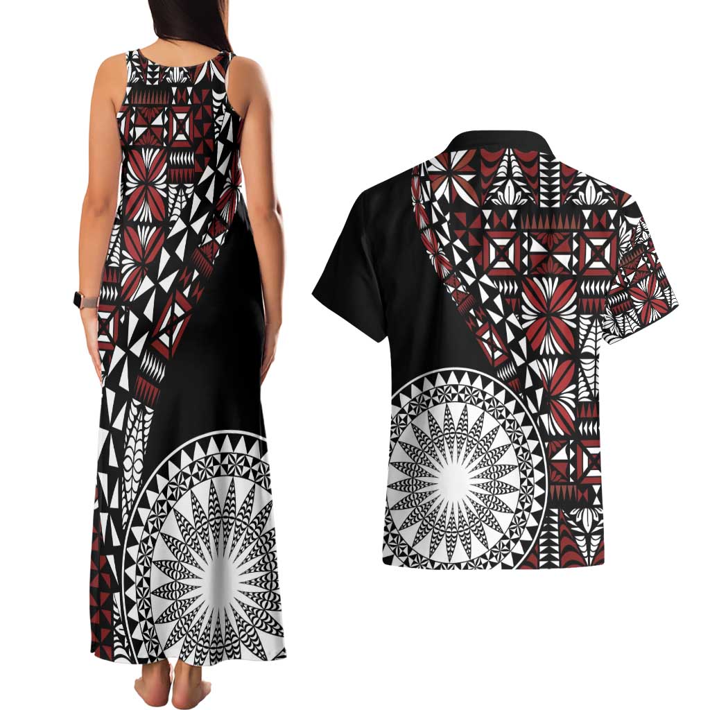 Red Tongan Ngatu Fonulei Pattern Couples Matching Tank Maxi Dress and Hawaiian Shirt LT9 - Polynesian Pride