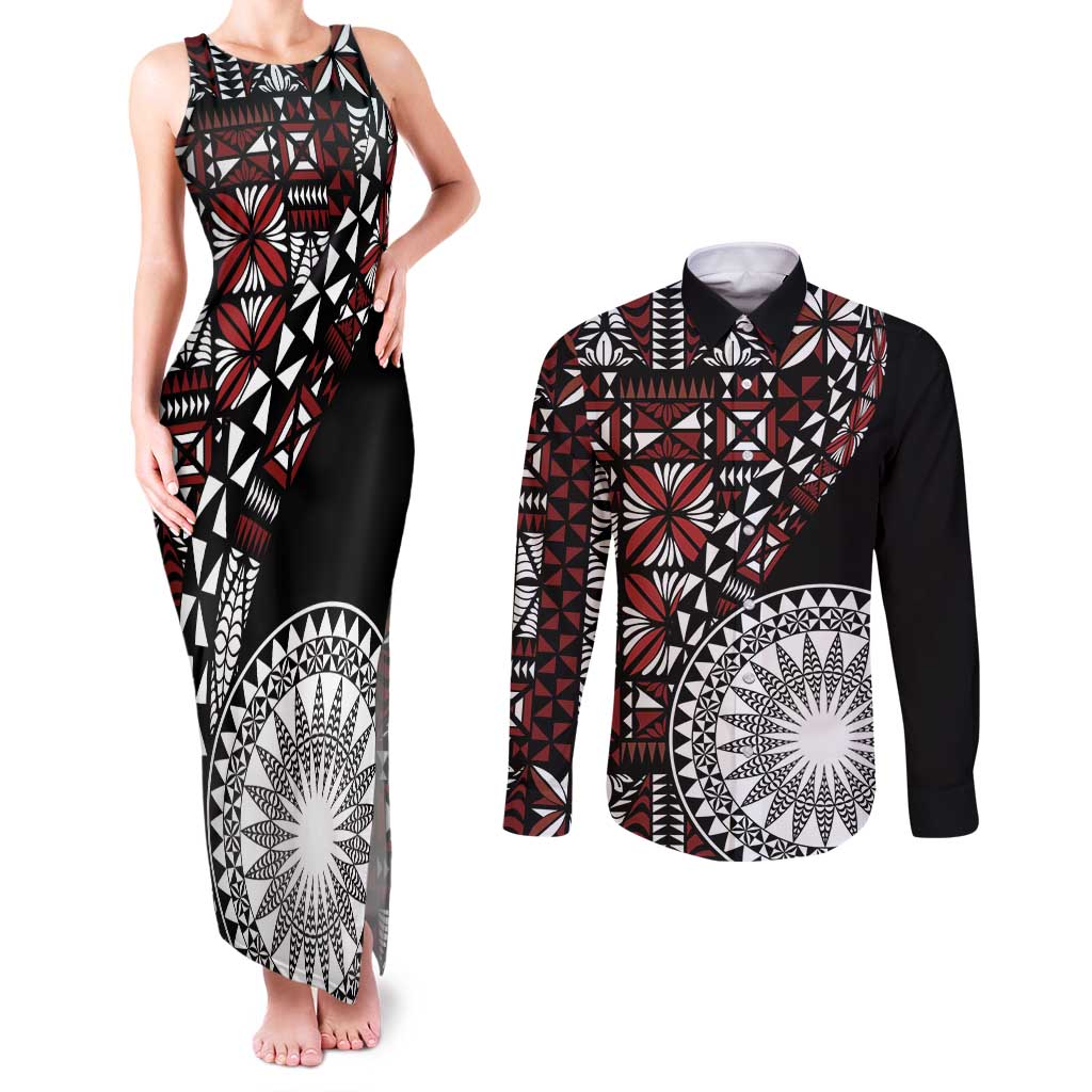Red Tongan Ngatu Fonulei Pattern Couples Matching Tank Maxi Dress and Long Sleeve Button Shirt LT9 Red - Polynesian Pride