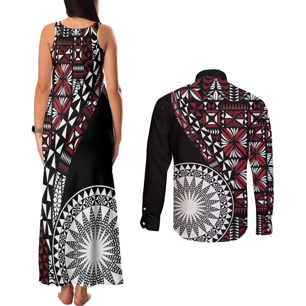 Red Tongan Ngatu Fonulei Pattern Couples Matching Tank Maxi Dress and Long Sleeve Button Shirt LT9 - Polynesian Pride