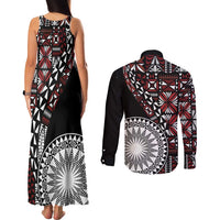 Red Tongan Ngatu Fonulei Pattern Couples Matching Tank Maxi Dress and Long Sleeve Button Shirt LT9 - Polynesian Pride