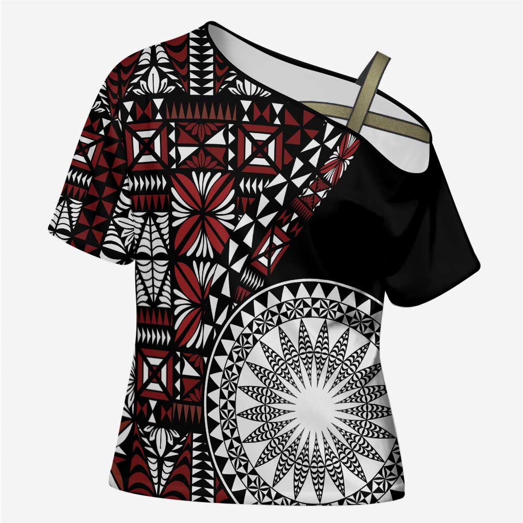 Red Tongan Ngatu Fonulei Pattern Cross Shoulder Shirt LT9 Female Red - Polynesian Pride