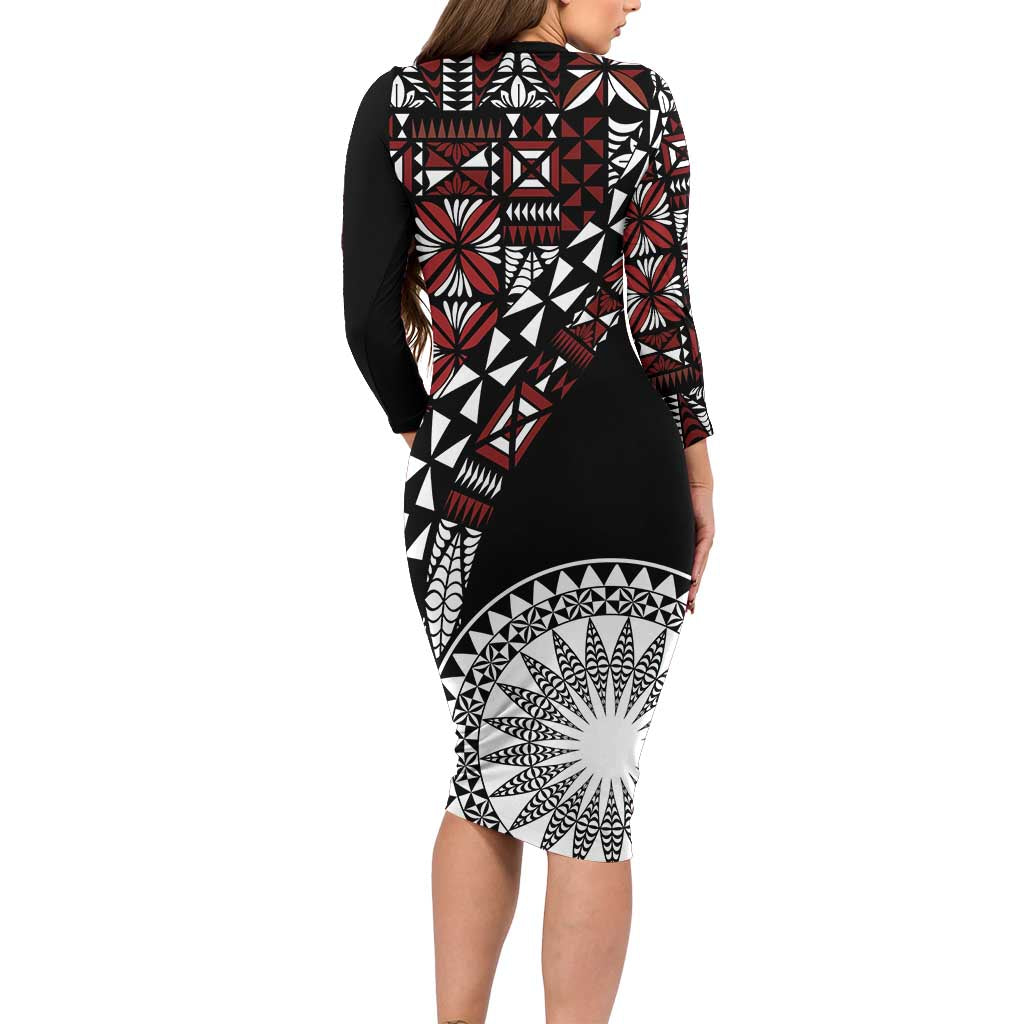 Red Tongan Ngatu Fonulei Pattern Family Matching Long Sleeve Bodycon Dress and Hawaiian Shirt