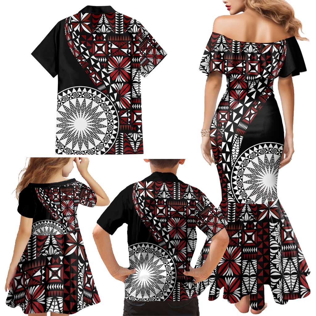 Red Tongan Ngatu Fonulei Pattern Family Matching Mermaid Dress and Hawaiian Shirt