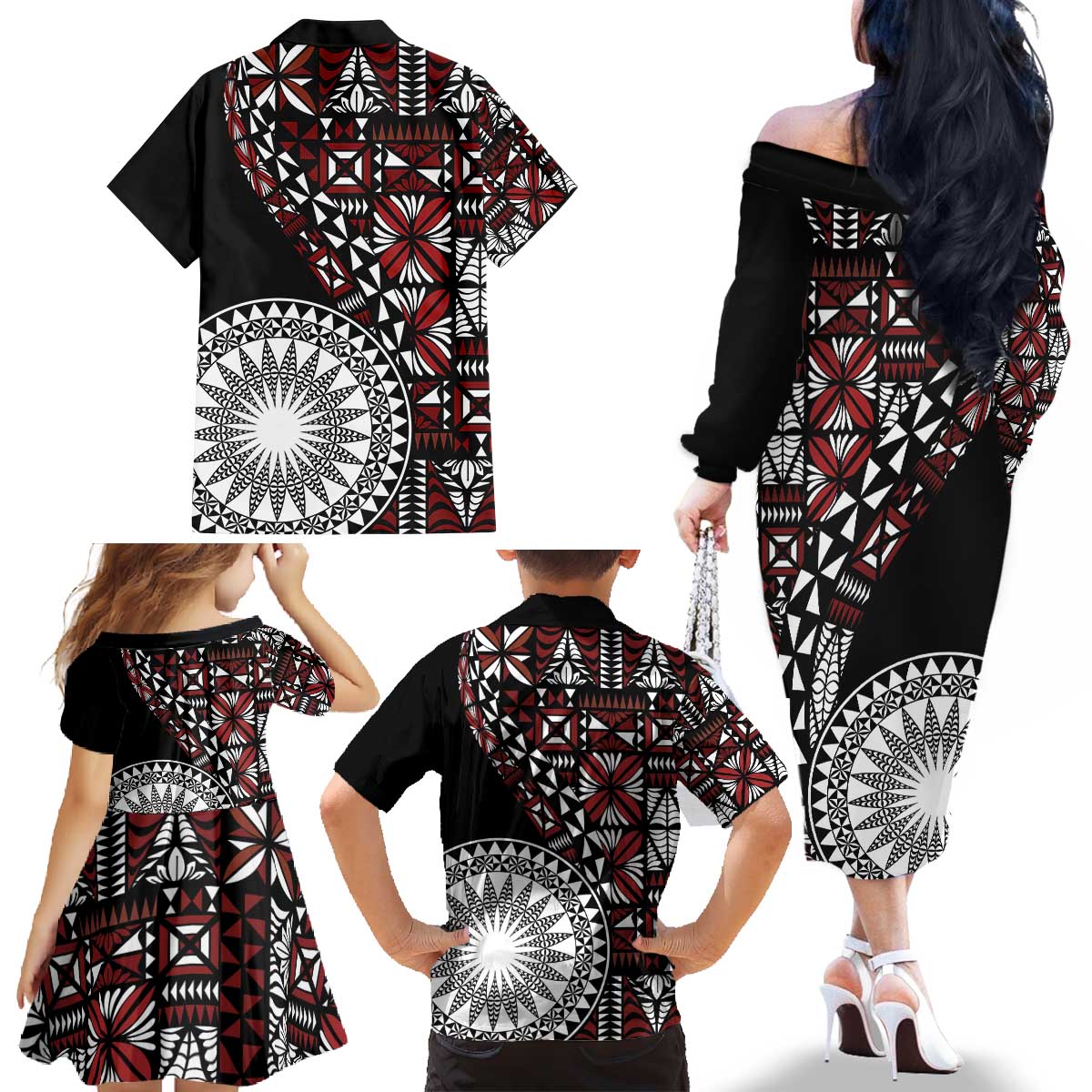 Red Tongan Ngatu Fonulei Pattern Family Matching Off The Shoulder Long Sleeve Dress and Hawaiian Shirt