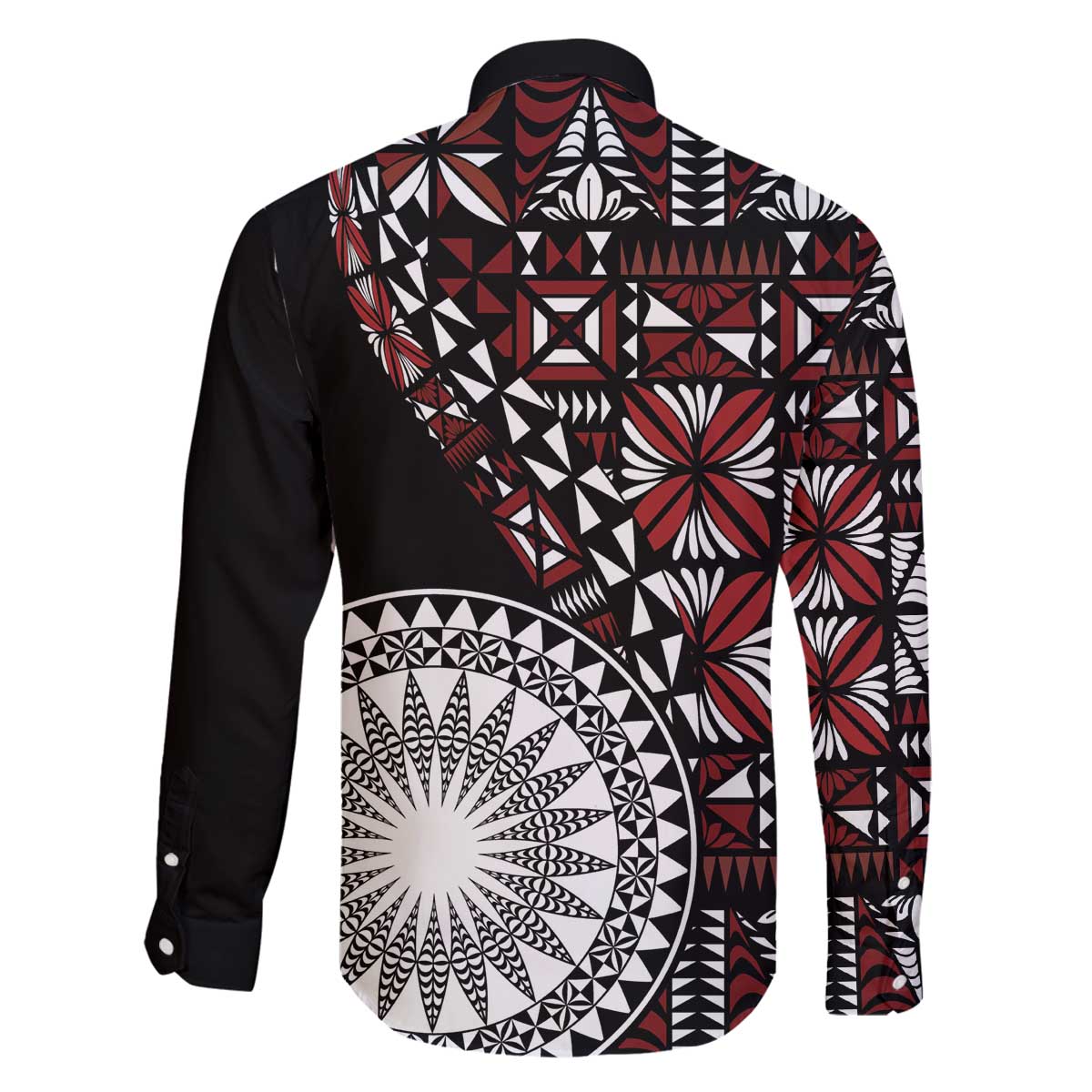 Red Tongan Ngatu Fonulei Pattern Family Matching Off The Shoulder Long Sleeve Dress and Hawaiian Shirt