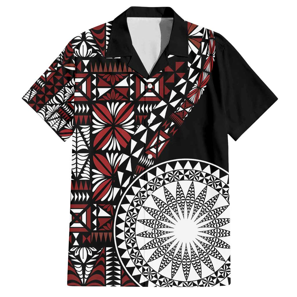 Red Tongan Ngatu Fonulei Pattern Family Matching Off Shoulder Maxi Dress and Hawaiian Shirt