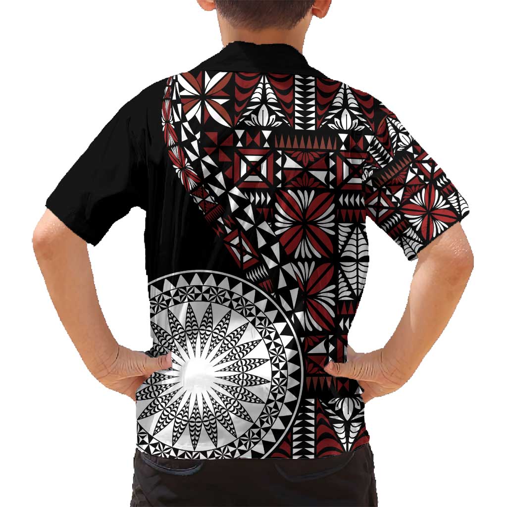 Red Tongan Ngatu Fonulei Pattern Family Matching Off Shoulder Short Dress and Hawaiian Shirt