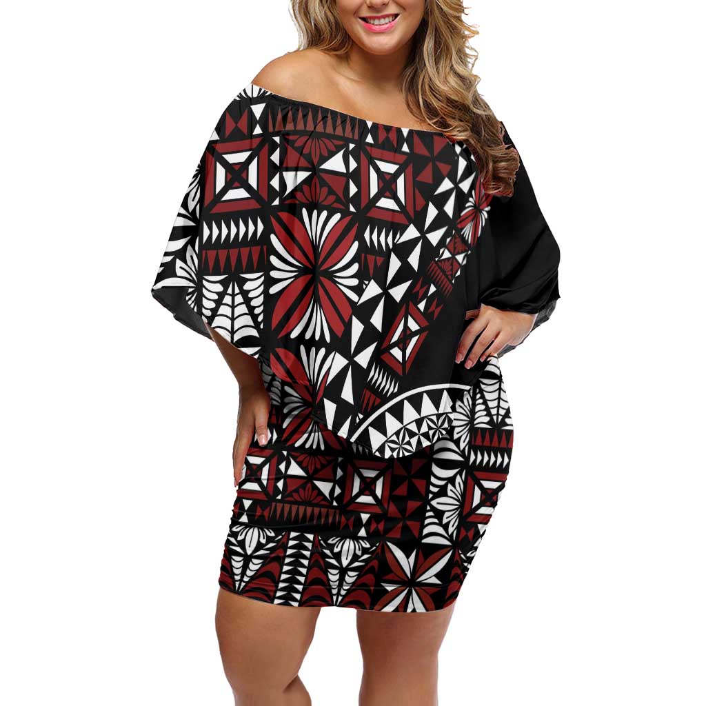 Red Tongan Ngatu Fonulei Pattern Family Matching Off Shoulder Short Dress and Hawaiian Shirt