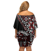 Red Tongan Ngatu Fonulei Pattern Family Matching Off Shoulder Short Dress and Hawaiian Shirt