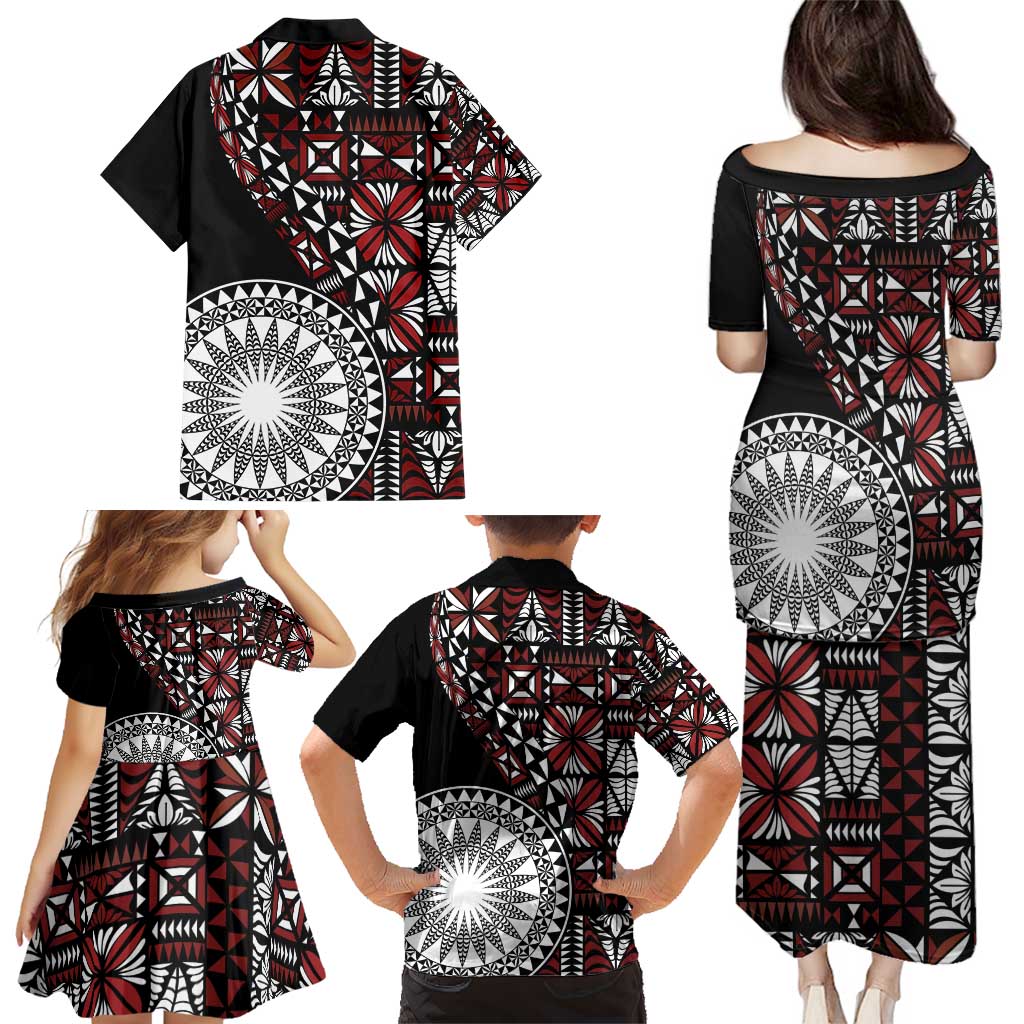 Red Tongan Ngatu Fonulei Pattern Family Matching Puletasi and Hawaiian Shirt