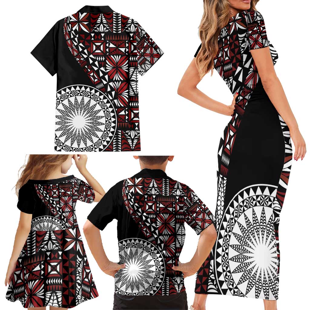 Red Tongan Ngatu Fonulei Pattern Family Matching Short Sleeve Bodycon Dress and Hawaiian Shirt