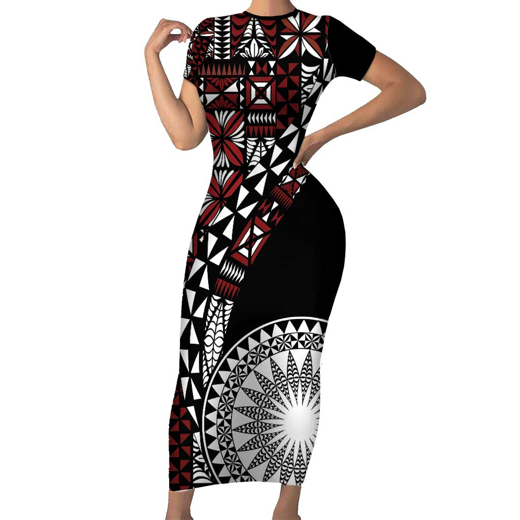 Red Tongan Ngatu Fonulei Pattern Family Matching Short Sleeve Bodycon Dress and Hawaiian Shirt