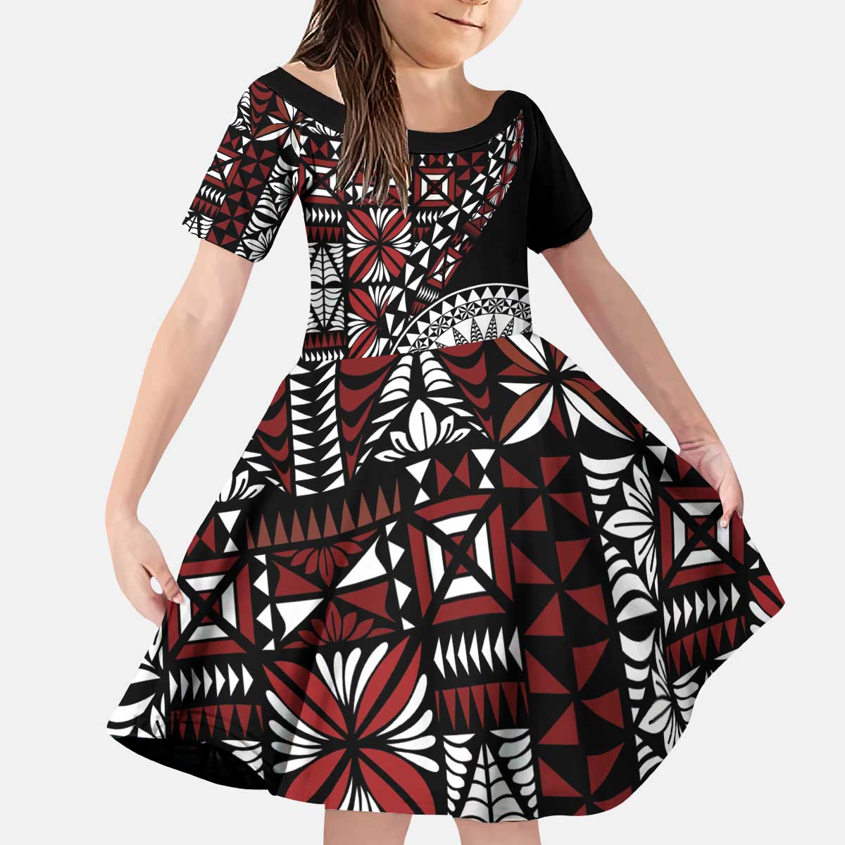 Red Tongan Ngatu Fonulei Pattern Kid Short Sleeve Dress LT9 KID Red - Polynesian Pride