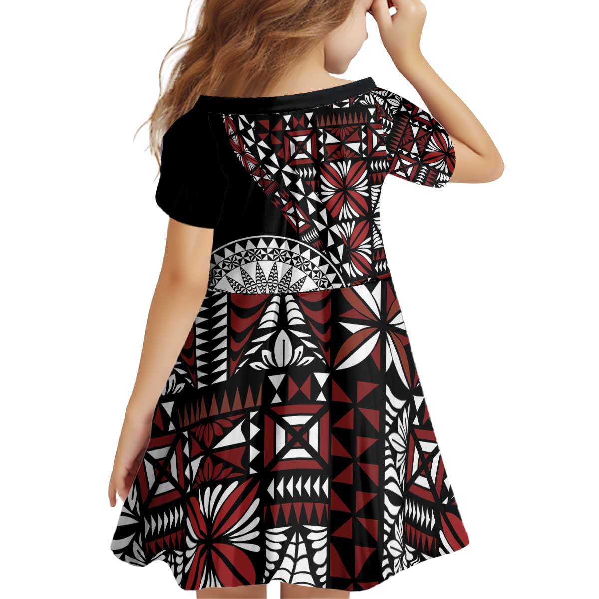 Red Tongan Ngatu Fonulei Pattern Kid Short Sleeve Dress