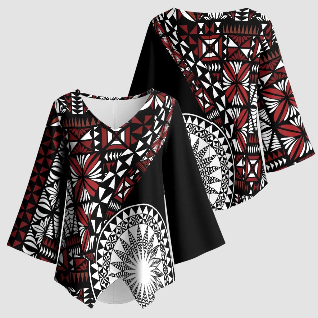 Red Tongan Ngatu Fonulei Pattern Kimono Sleeve Blouse LT9 - Polynesian Pride