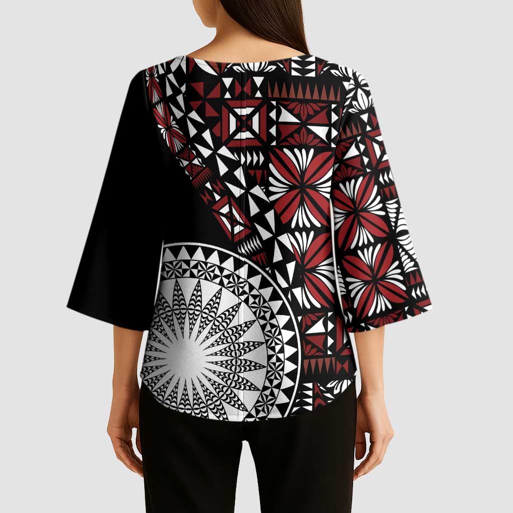 Red Tongan Ngatu Fonulei Pattern Kimono Sleeve Blouse LT9 - Polynesian Pride