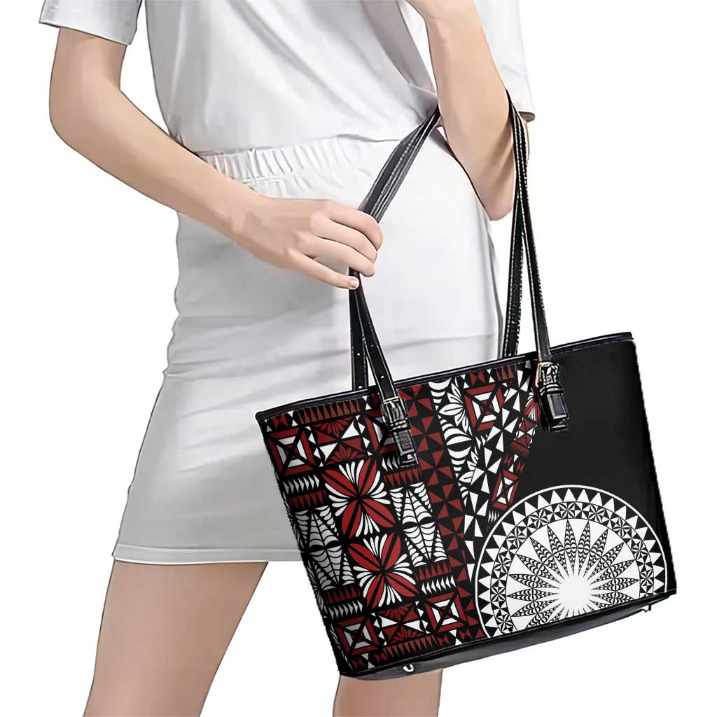 Red Tongan Ngatu Fonulei Pattern Leather Tote Bag
