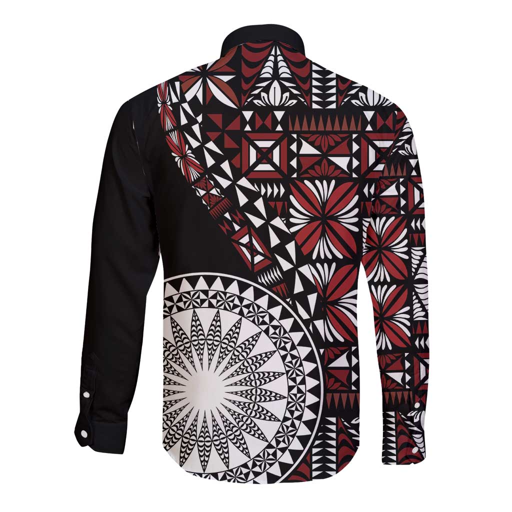Red Tongan Ngatu Fonulei Pattern Long Sleeve Button Shirt LT9 - Polynesian Pride