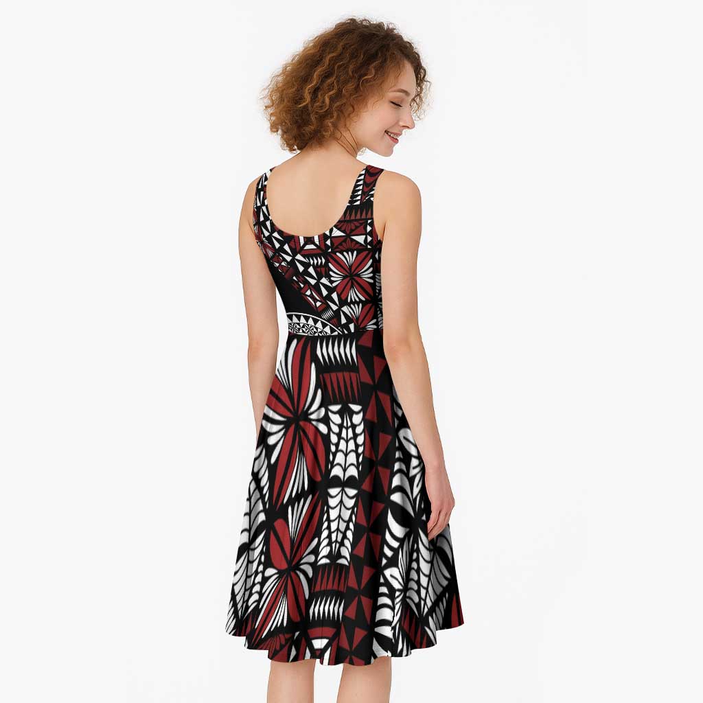 Red Tongan Ngatu Fonulei Pattern Midi Dress - Polynesian Pride