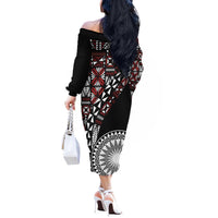 Red Tongan Ngatu Fonulei Pattern Off The Shoulder Long Sleeve Dress