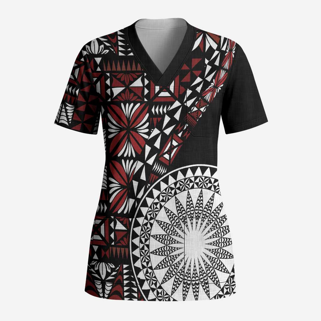 Red Tongan Ngatu Fonulei Pattern Scrub Top - Polynesian Pride