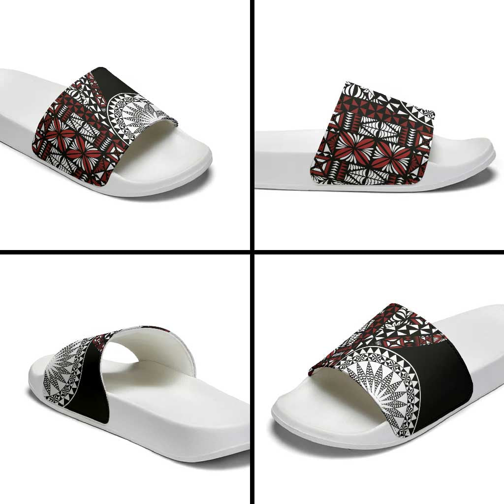 Red Tongan Ngatu Fonulei Pattern Slide Sandals - Polynesian Pride