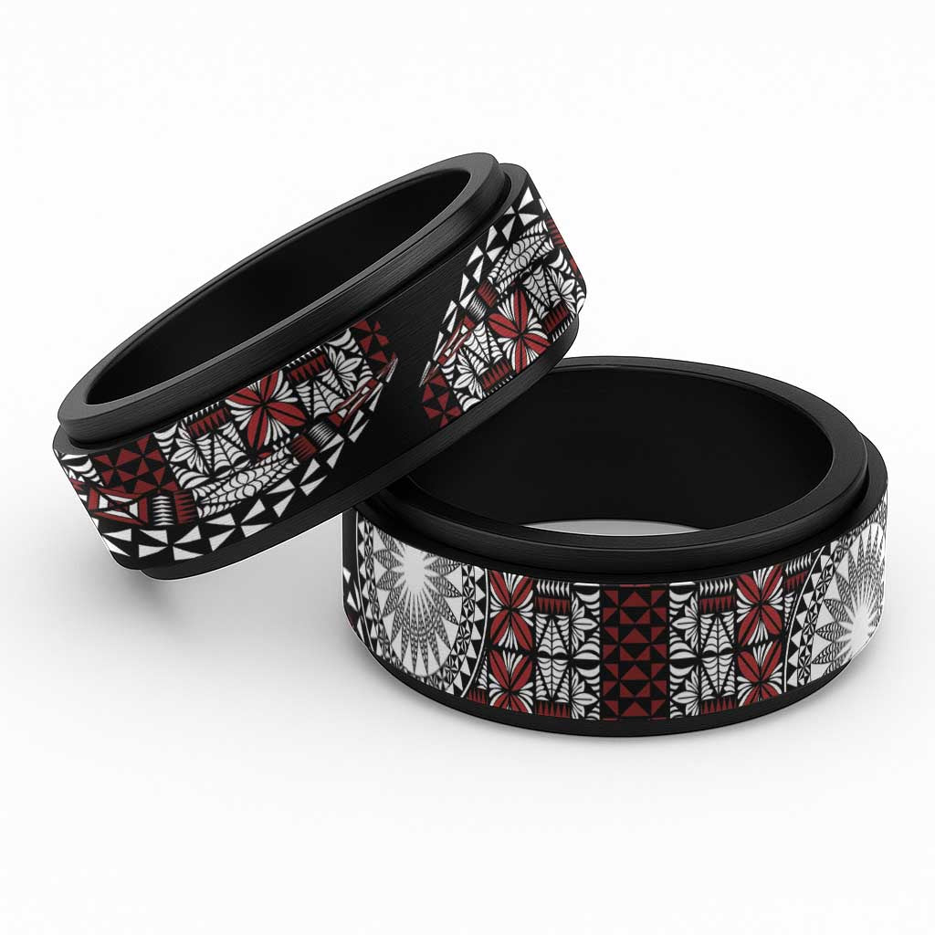 Red Tongan Ngatu Fonulei Pattern Spinner Ring - Polynesian Pride
