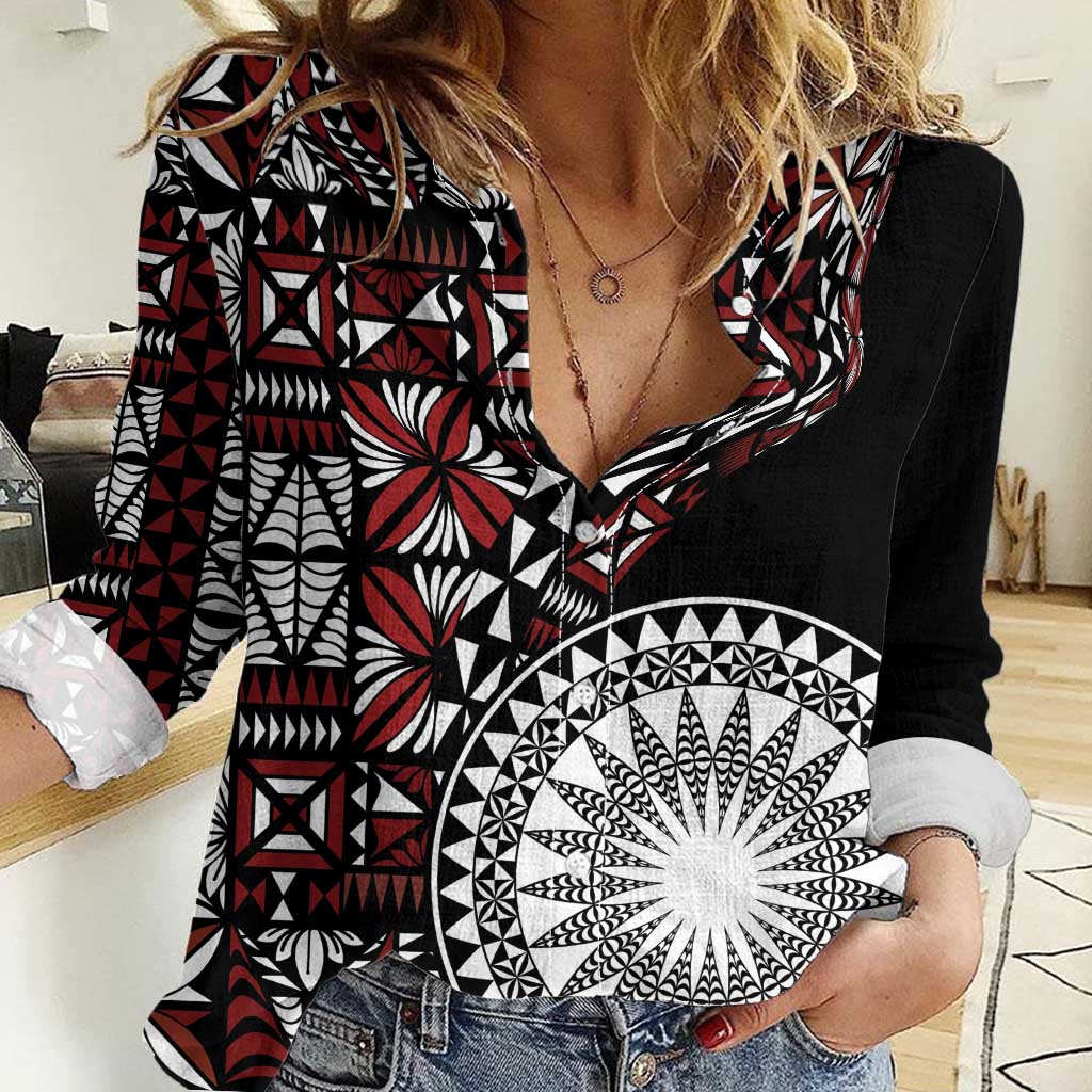 Red Tongan Ngatu Fonulei Pattern Women Casual Shirt