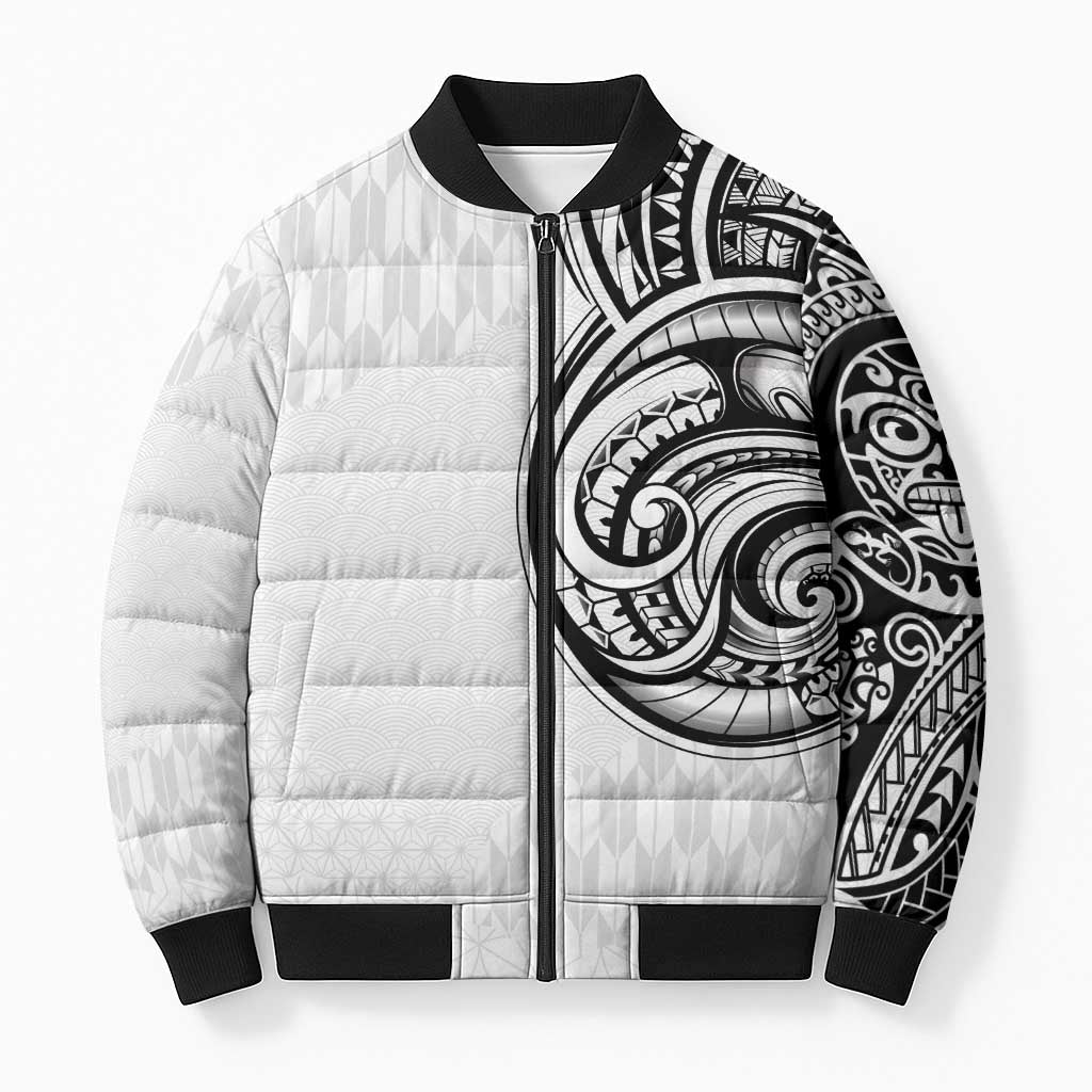 Hawaii and Japanese Culture Personalised Bomber Puffer Jacket With Polynesian Tribal Tattoo Style LT9 Unisex White - Polynesian Pride